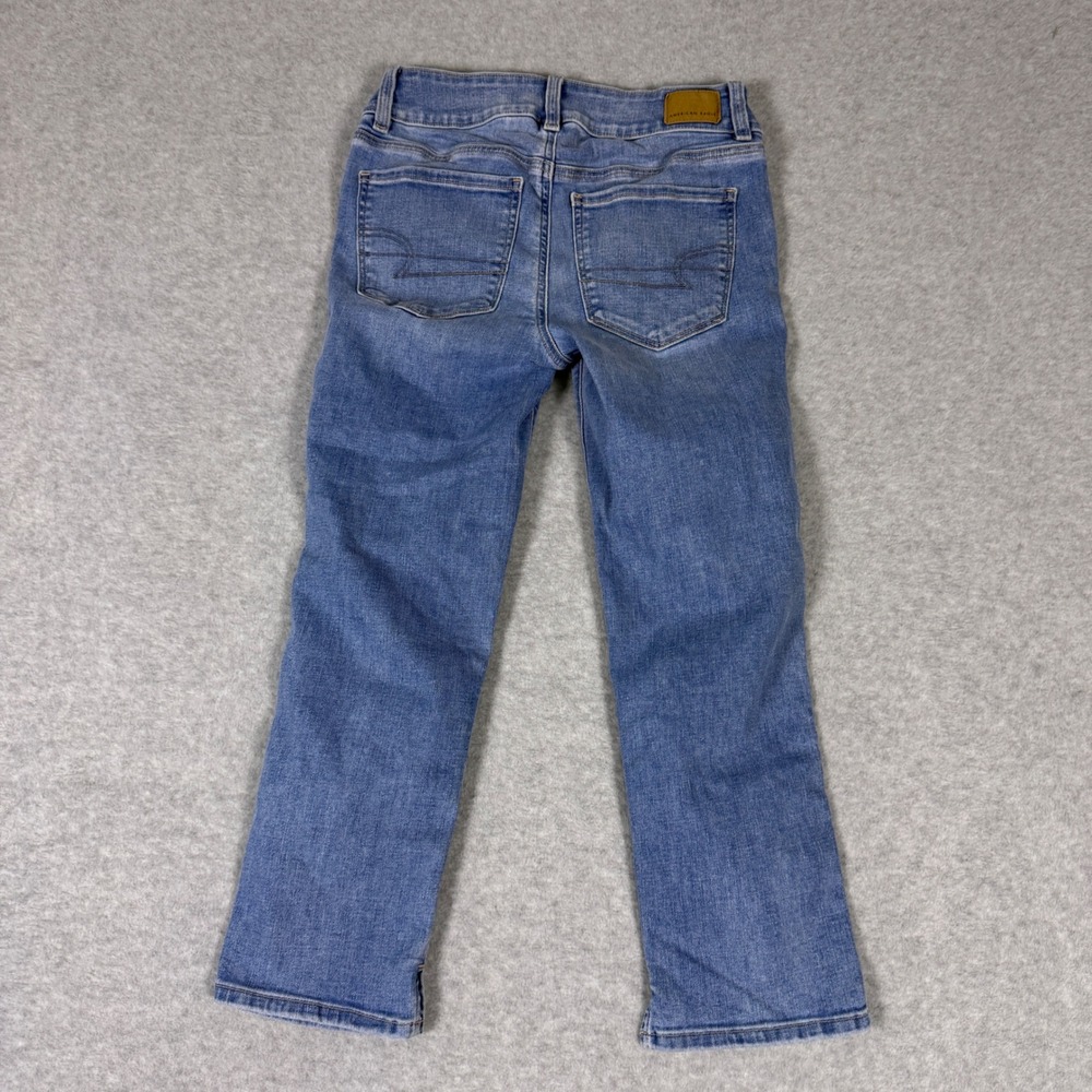 American Eagle Next Level Stretch Jeans Women 2 Blue Cropped Straight Side Slit - Picture 2 of 6